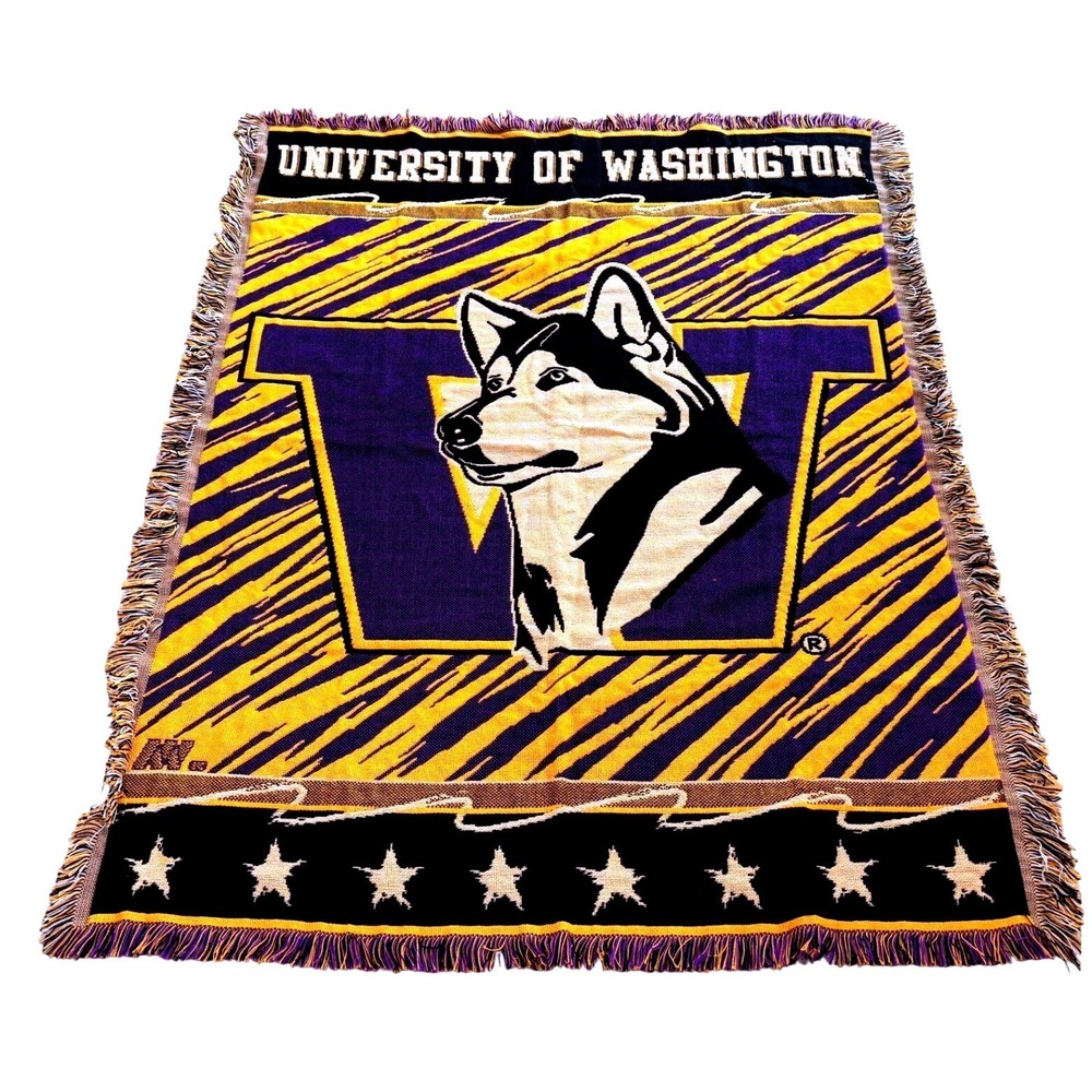 Vintage 1990s University of Washington Huskies Woven‎ Throw Blanket USA - 59x47